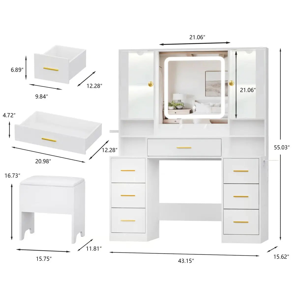 Large 7-Drawer Vanity Desk , Storage Stool, Cabinet, Charging Station and Hair Dryer Rack
