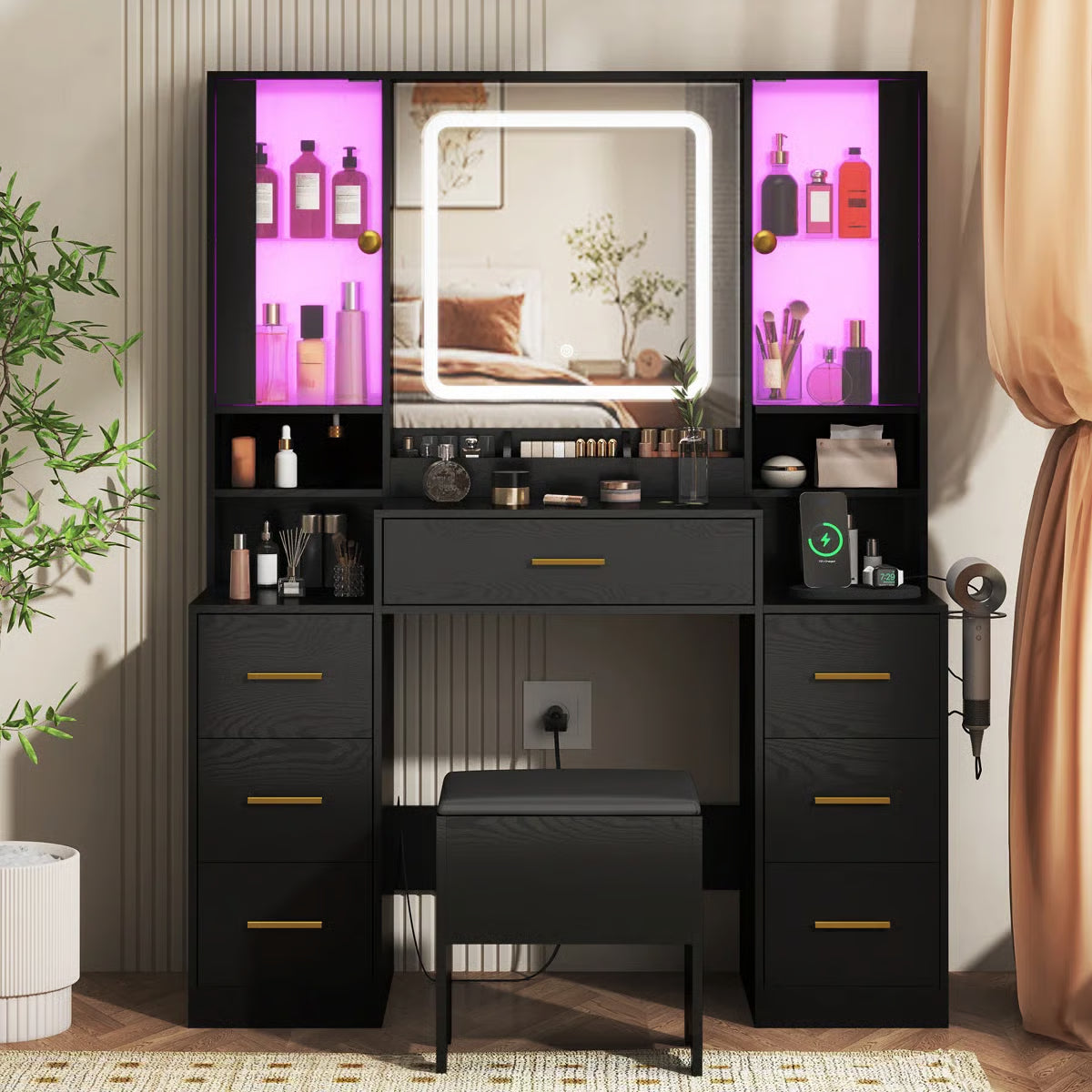 Large 7-Drawer Vanity Desk with LED Mirror, Storage Stool, Cabinet, Charging Station and Hair Dryer Rack- OUCH CART |Dressing table