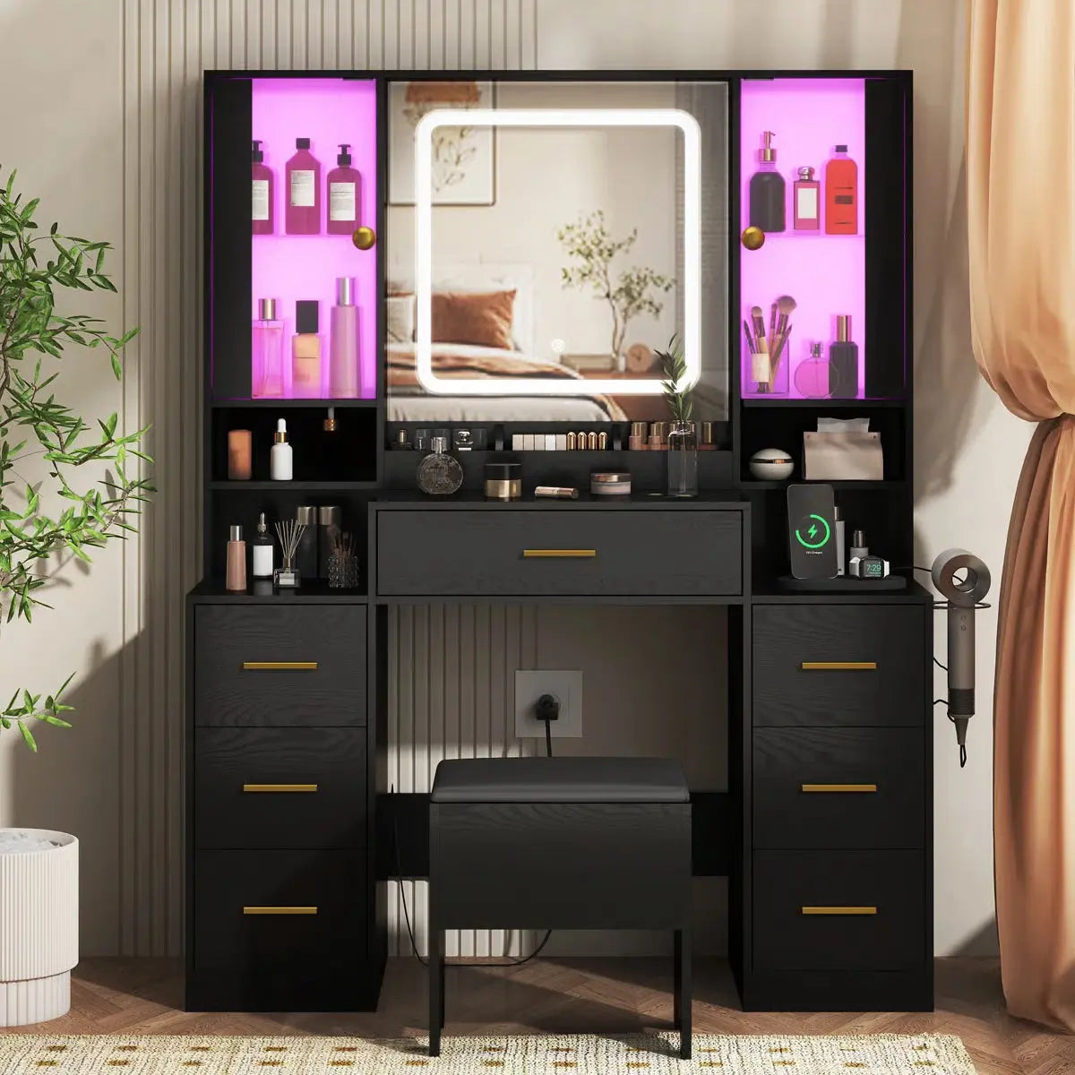 Large 7-Drawer Vanity Desk with LED Mirror, Storage Stool, Cabinet, Charging Station and Hair Dryer Rack- OUCH CART |Dressing table