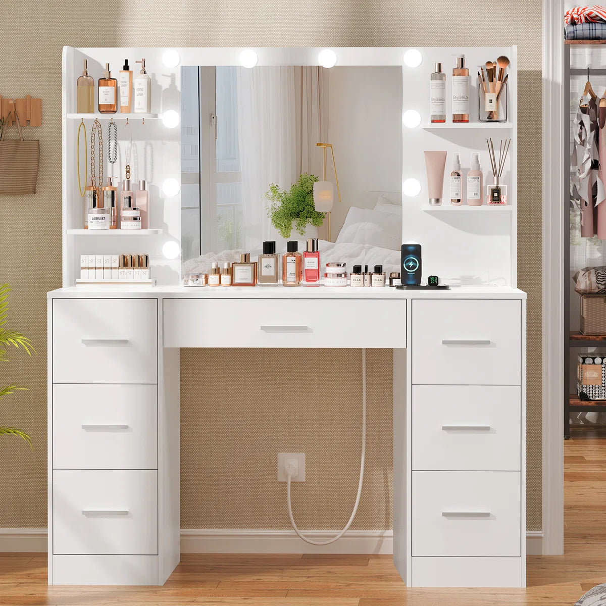 Camyla Large Makeup Vanity Table with LED Mirror, 7 Drawers, 4 Storage Shelves, Jewelry Hooks & Power Outlet