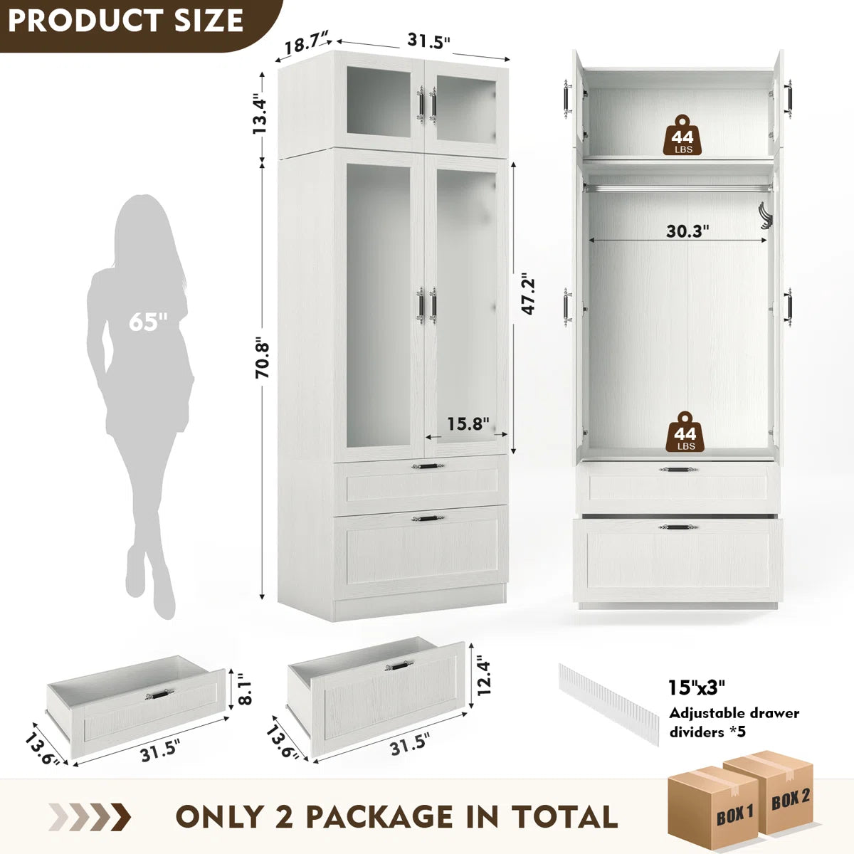 Wood Grain Meissalivve 2 Door Wardrobe Closet with Hanging Rod and Frosted Glass-OUCH CART | Wardrobe