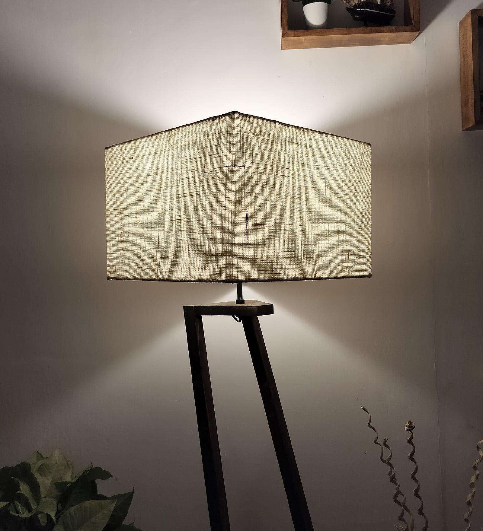 Angular Wooden Floor Lamp with Brown Base and Premium Beige Fabric Lampshade (BULB NOT INCLUDED) - Ouch Cart