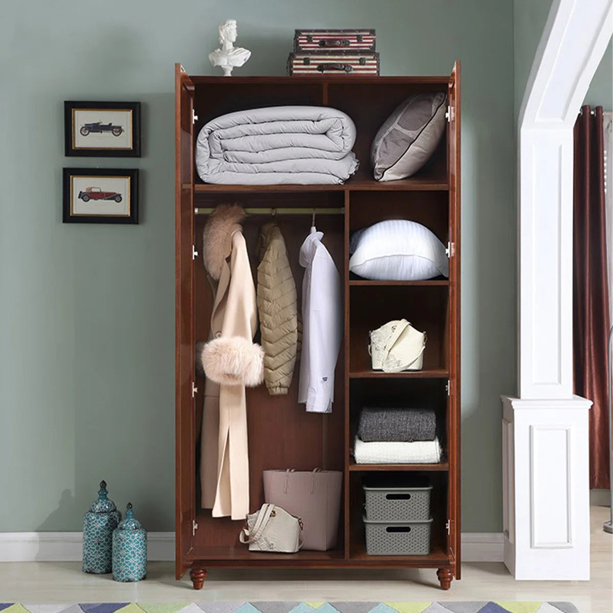 Rubber Wood Wardrobe – American-Style Wooden Closet for Bedroom