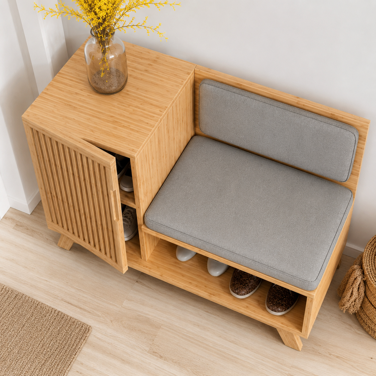 Modern Bamboo Shoe Storage Bench with Sliding Door | Entryway Shoe Organizer Cabinet with Cushioned Seat OUCH CART