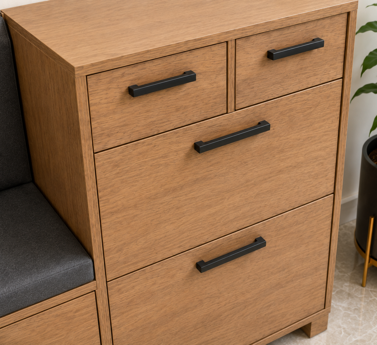Modern Wooden Shoe Storage Cabinet with Cushioned Bench Seat | Entryway Shoe Organizer with Soft-Close Drawers & Matte Black Handles Ouch Cart