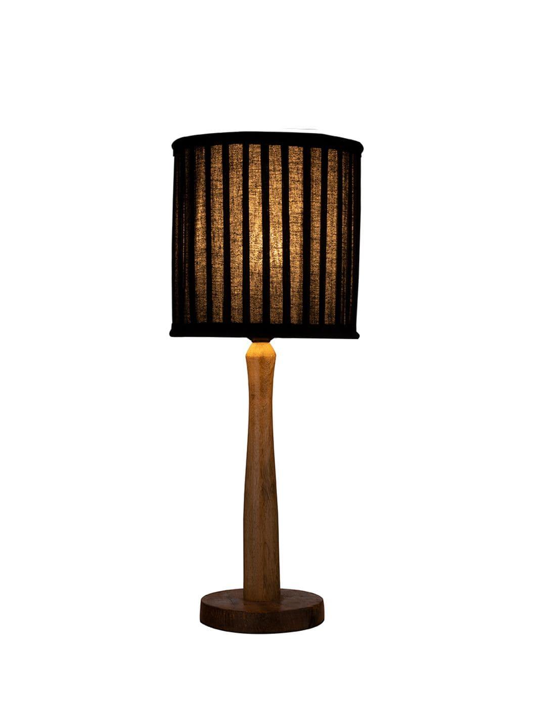 Wooden Brown Lamp with pleeted Balck Shade - Ouch Cart