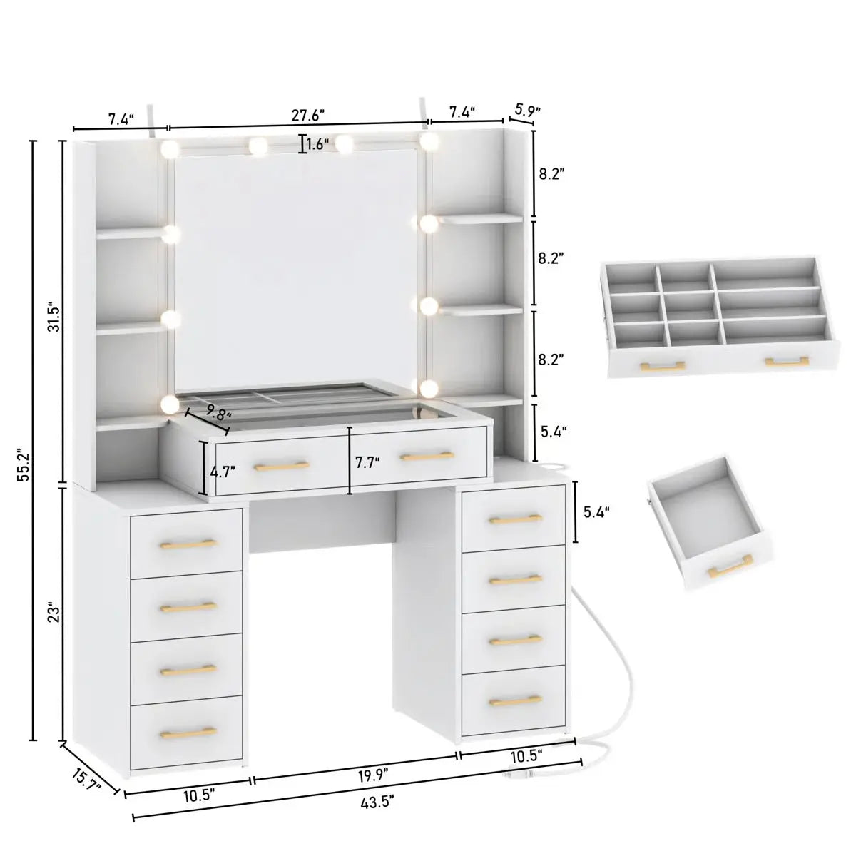 Tempered Glass Vanity Desk with LED Lights, Mirror, and Built-In Charging Station-OUCH CART |Dressing table