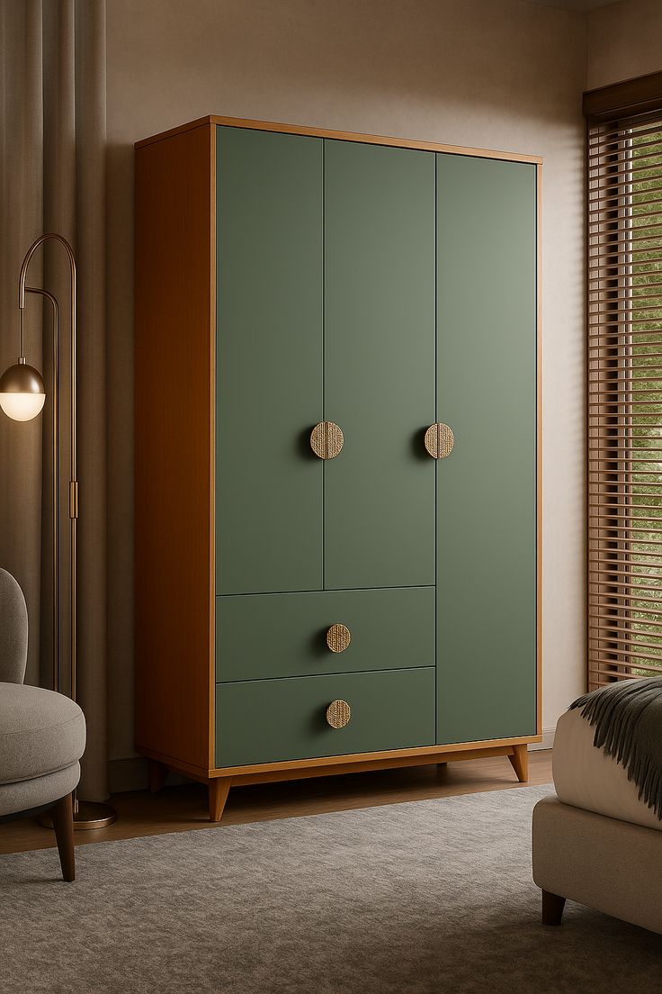 Modern 3 Door Wooden Wardrobe with 2 Drawers | Olive Green Bedroom Almirah | Scandinavian Style Clothes Storage Cabinet