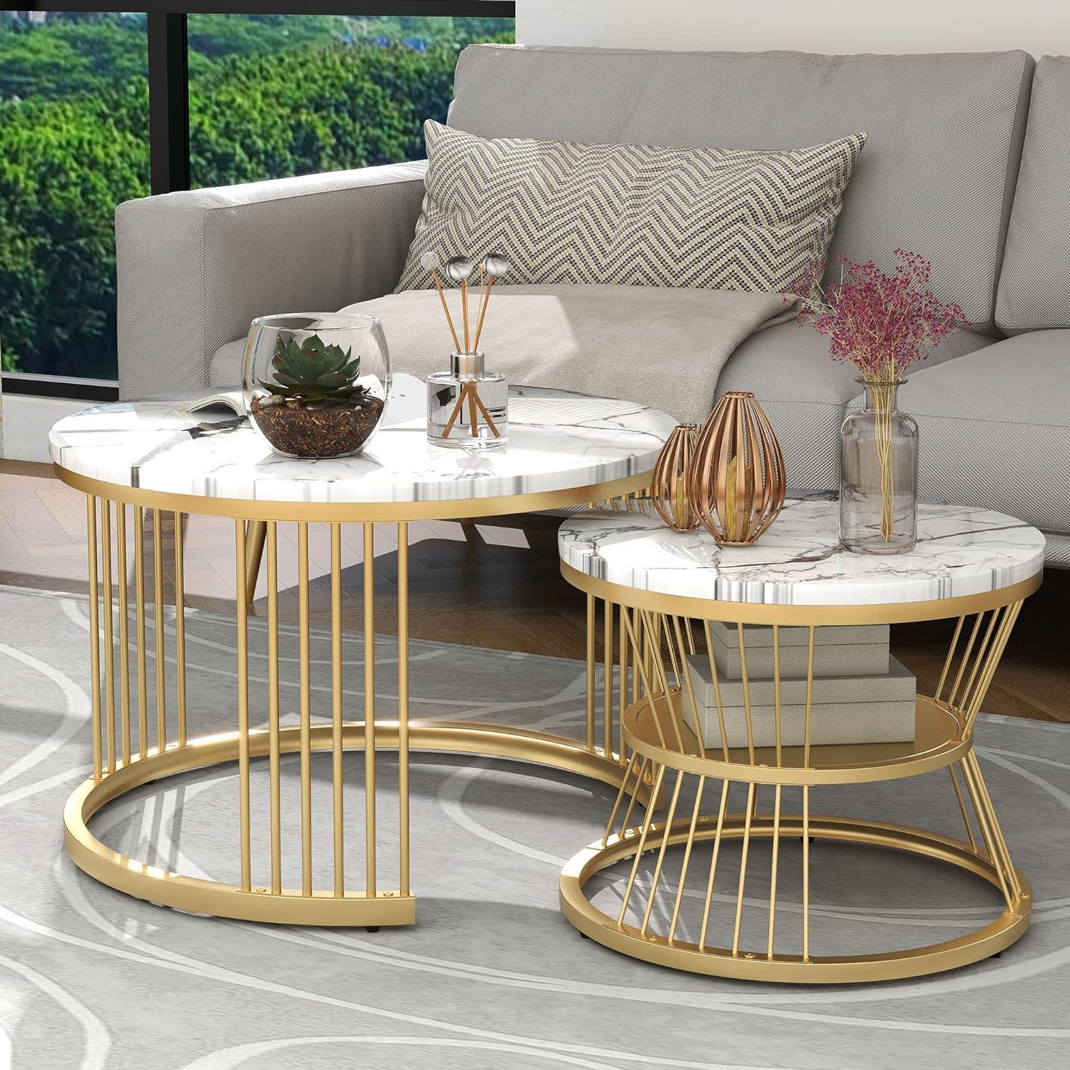Iron Frame Faux Marbled Laminated Round Coffee Table Set of 2 Stacking Center Tables for Living Room Bedroom or Apartments (Golden White) - Ouch Cart