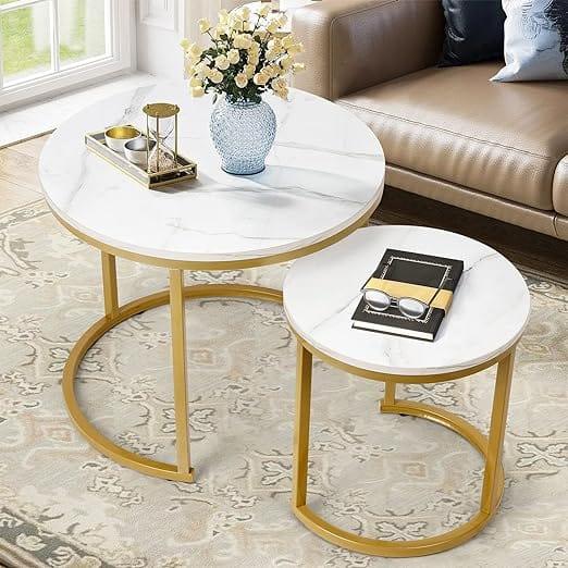 Coffee Tables for Living Room - Small Round Coffee Table Set of 2 Metal Frame - Ouch Cart