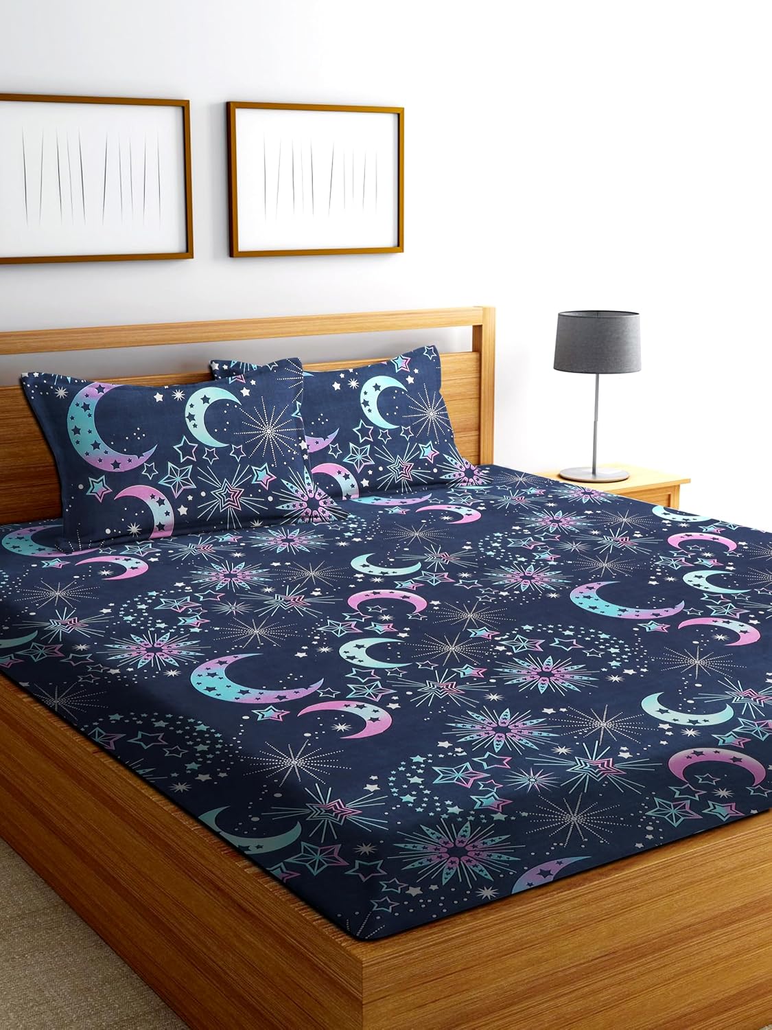 Multicolour Printed Elastic Fitted Bedsheet, 78 × 72 Inches, with 2 Pillow Covers | 310 Thread Count Cotton Bedsheet Set