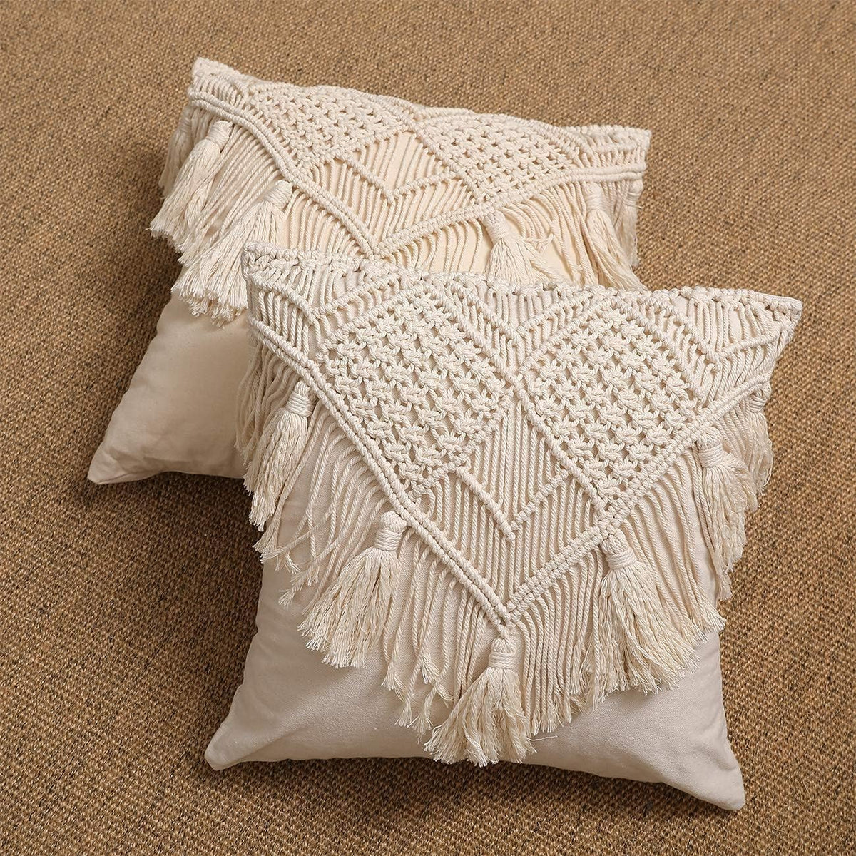 White Cotton Macrame Cushion Cover, 16 x 16 Inch, Bohemian Floral Design