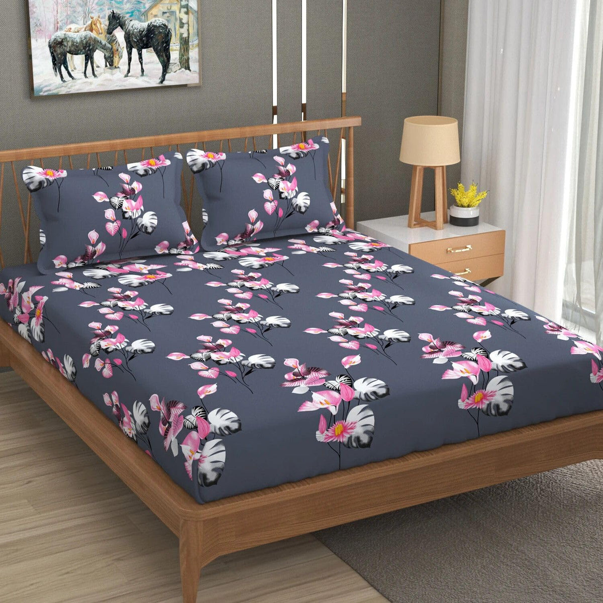Floral Glace Cotton Elastic Fitted Bedsheet for Double King Bed | 72 × 78 × 8 Inches | 280 TC | 2 Pillow Covers OUCH CART