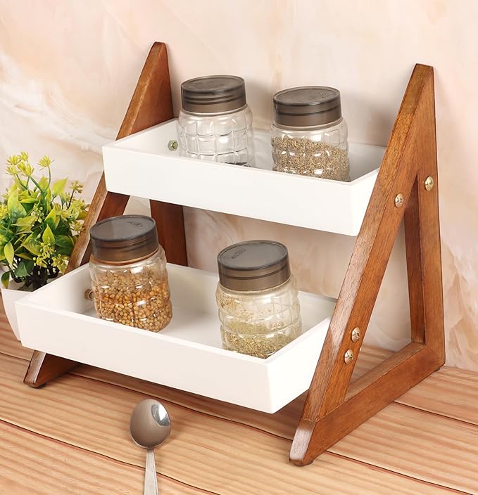 Versatile Wooden Triangular Spice Rack - 2-Tier Kitchen Countertop Organizer with Jars & Bottles Holder | Stylish Kitchen Storage & Décor (2 Tier) Ouch Cart