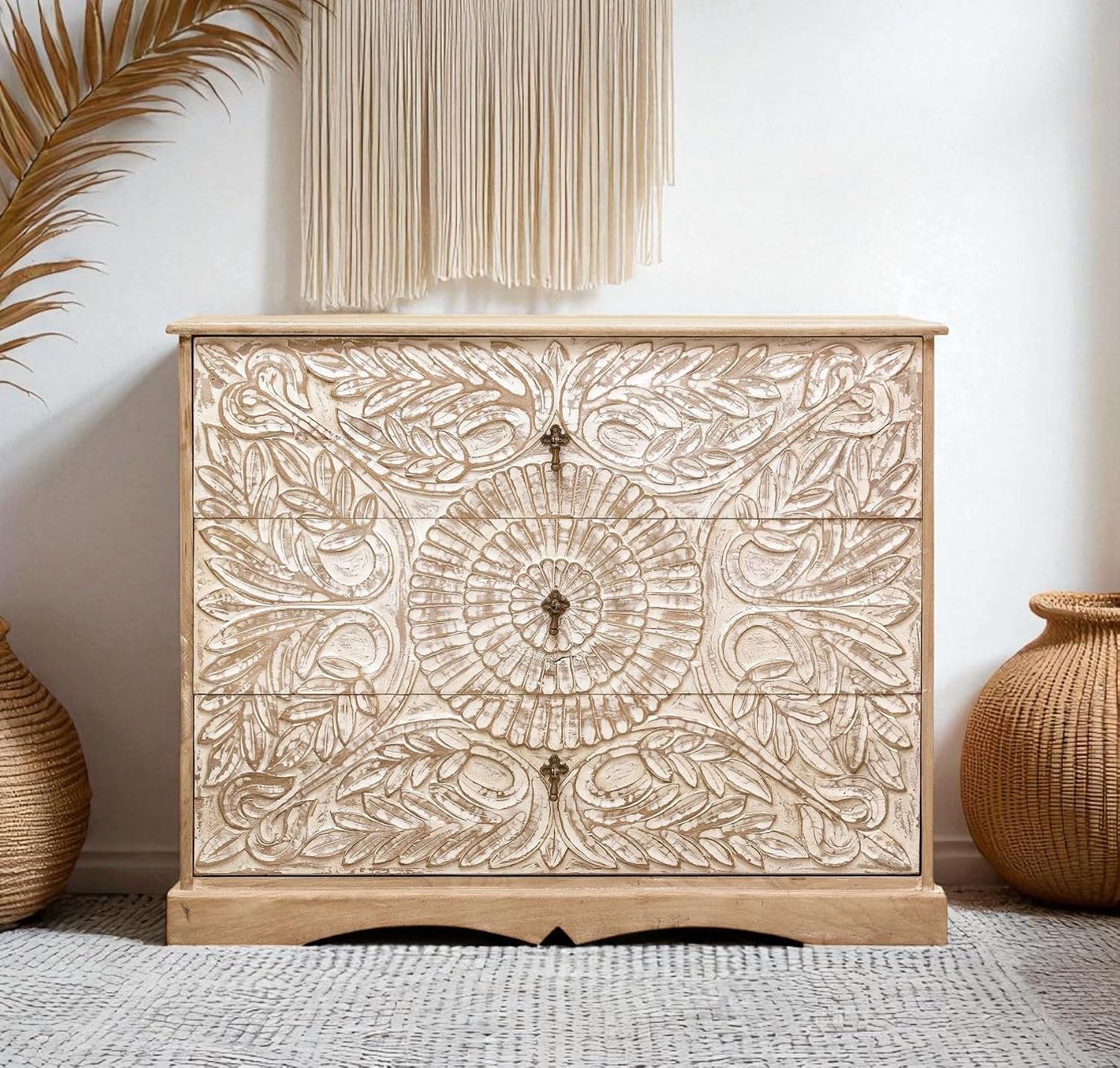 Carved Wooden Chest of Drawers – Rustic 3-Drawer Storage Cabinet for Bedroom & Living Room