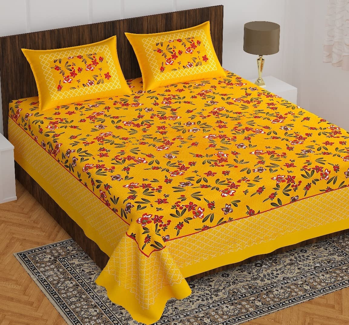 Jaipuri Cotton Double Queen Bedsheet with 2 Pillow Covers | 160 Thread Count | Fine Floral Screen Print | Soft & Comfortable Flat Bedsheet for Summer