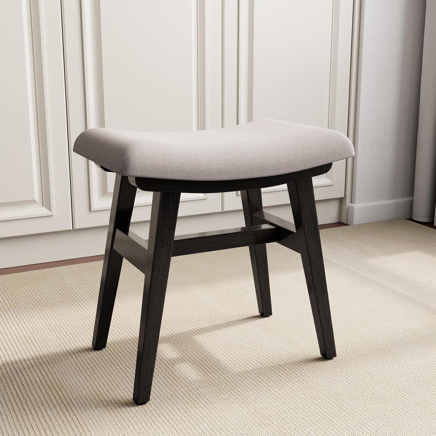 Solid Wood Small Vanity Stool with Saddle Cushion, High-Rebound Sponge Seat, Easy Assembly Makeup Chair, Footstool for Bedroom, Entryway, Black
