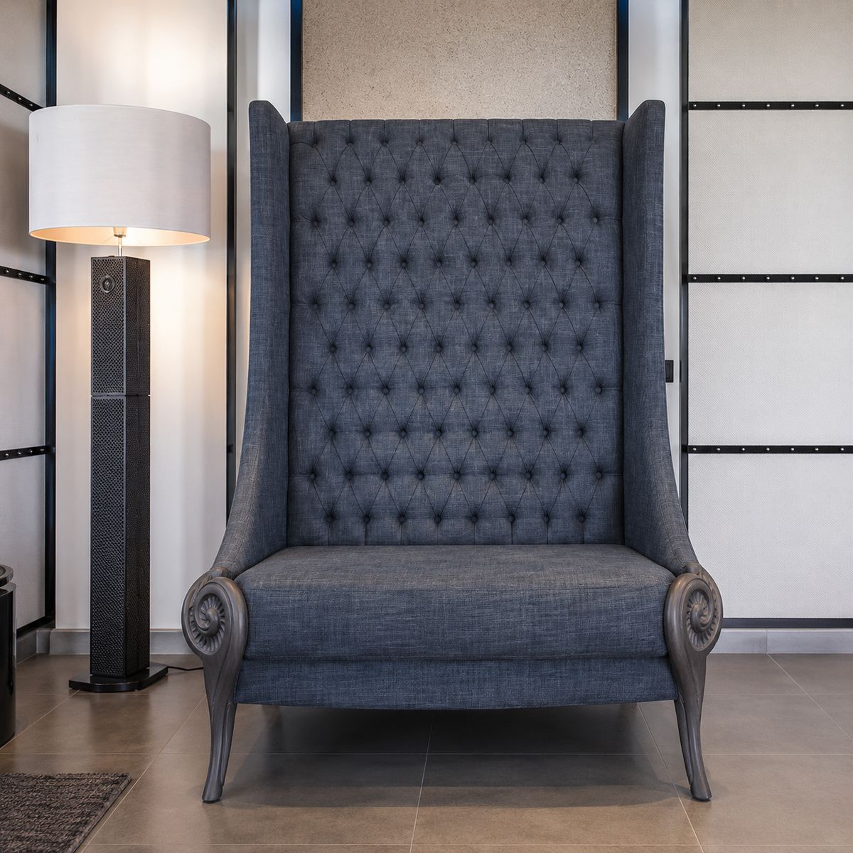 Tufted High Back Accent Chair with Carved Wooden Arms | Upholstered Living Room Lounge Chair OUCH CART