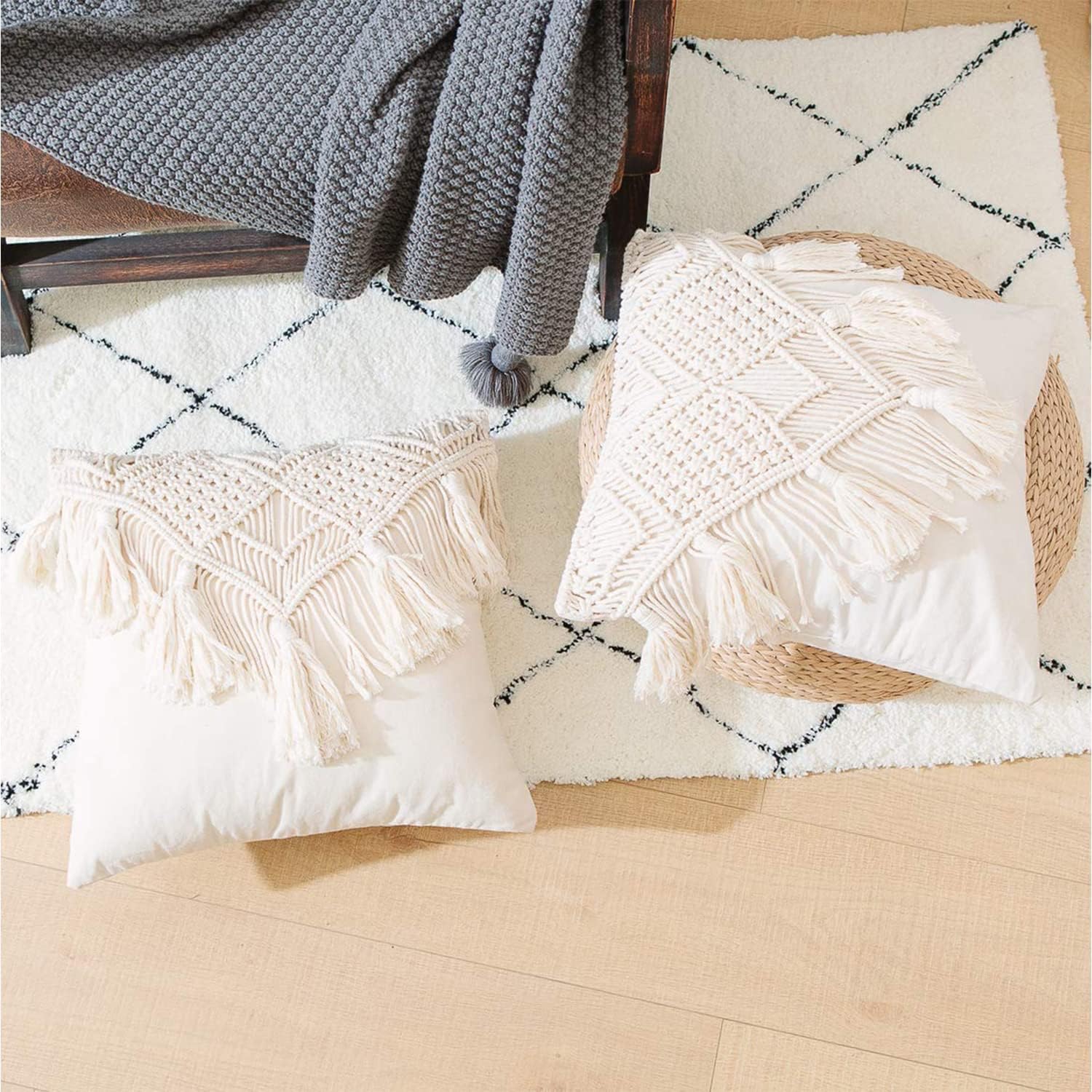 White Cotton Macrame Cushion Cover, 16 x 16 Inch, Bohemian Floral Design