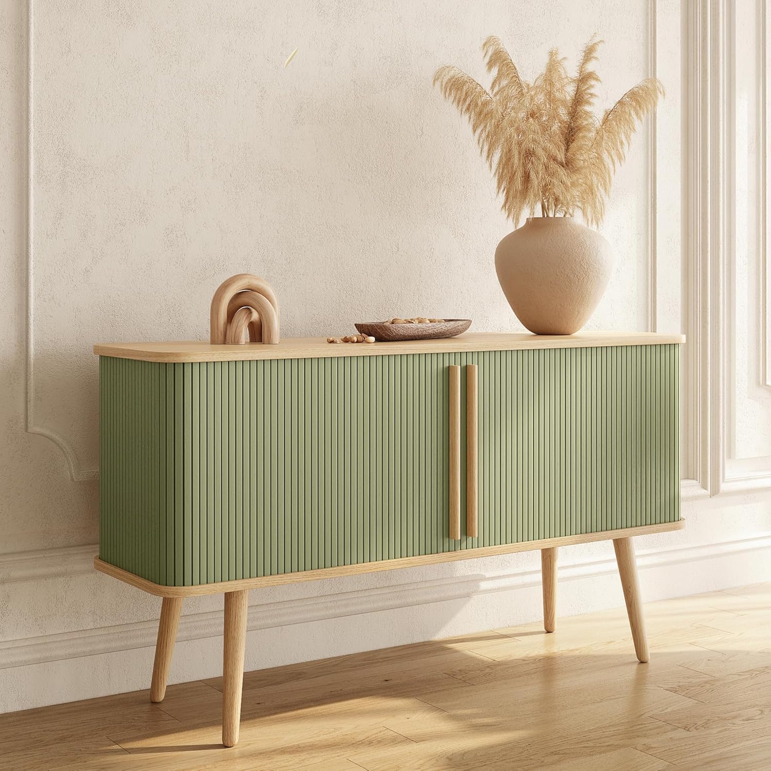 Modern Green Fluted Wooden Sideboard Cabinet with Storage Ouch Cart