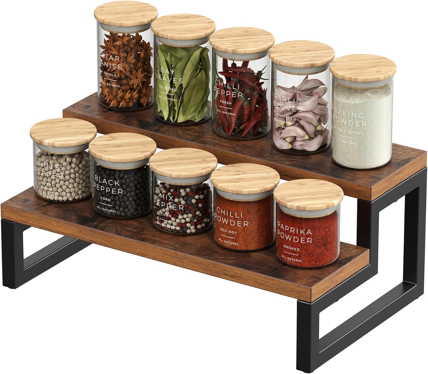 Rustic 3-Tier Spice Rack Display Stand – Countertop & Pantry Organizer for Kitchen Storage, Vintage Finish Ouch Cart