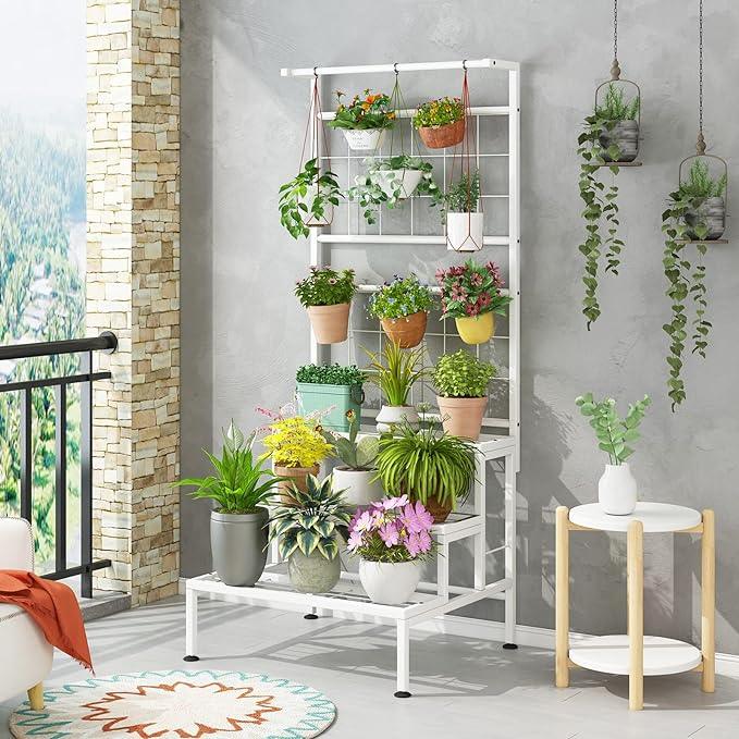 Plant Stand 3-Tier Hanging Shelves Flower Pot Organizer Multiple Flower Display Holder Indoor Outdoor Heavy Duty Potted Planter Rack Unit with Grid Panel for Living Room Balcony - Ouch Cart