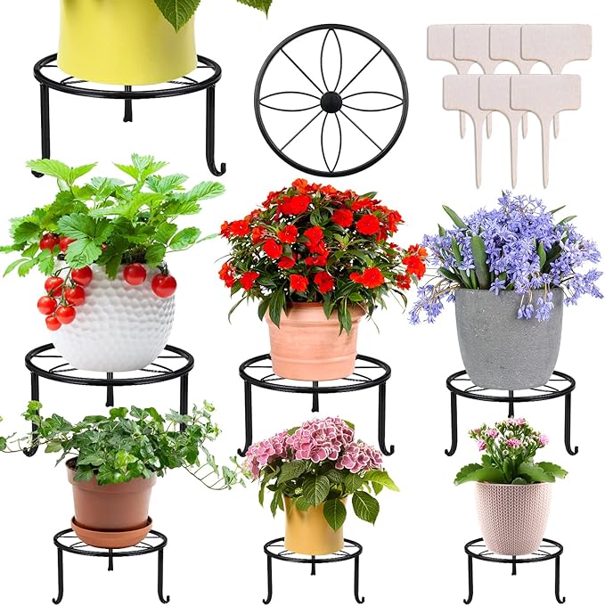 7-pack Metal Plant Stands, Plant Stand Outdoor Clearance, Anti-Rust Iron Flower Pot Stand Outdoor Indoor, Heavy Duty Black Plant Stand Indoor, Rustproof Metal Planter Container Round Ouch Cart