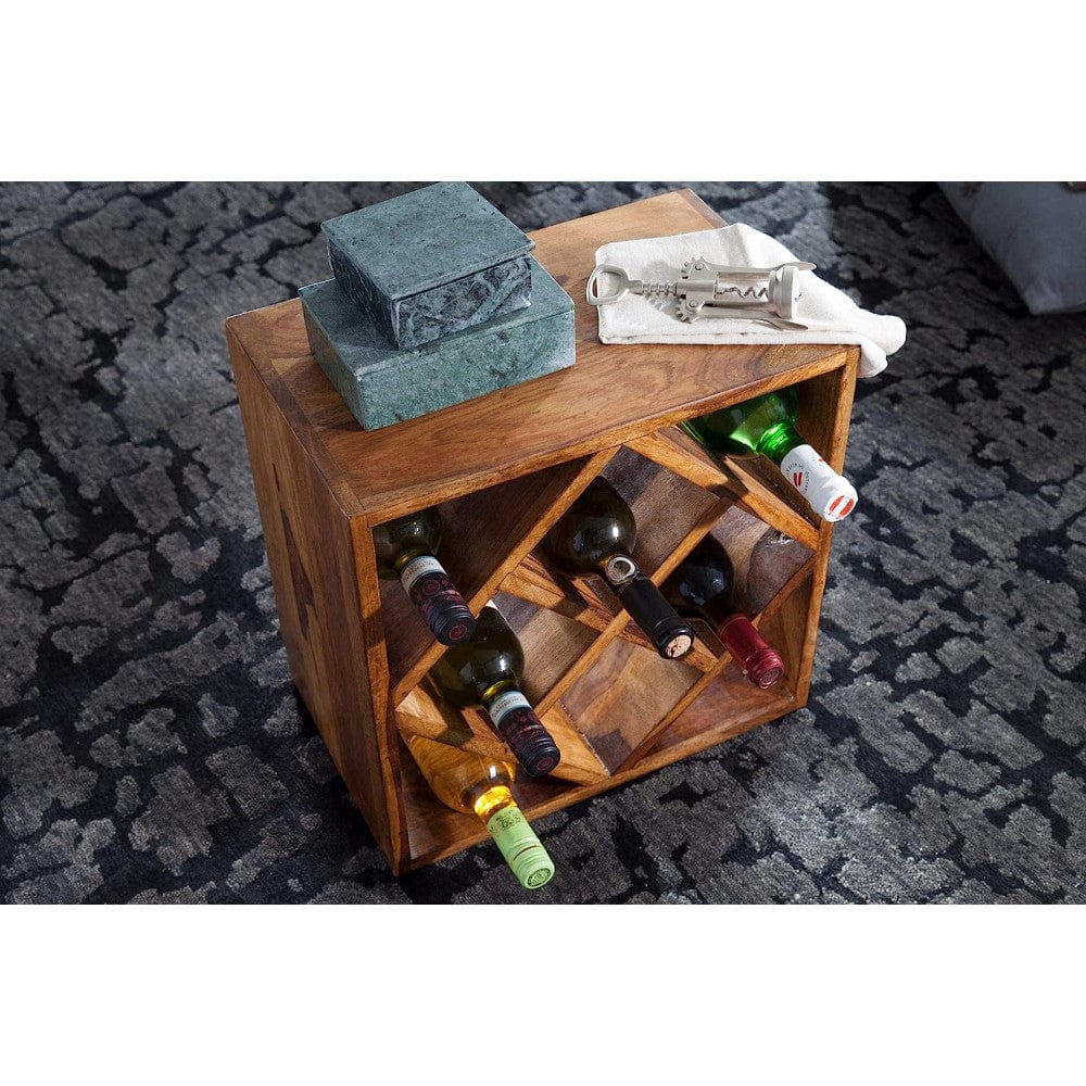 Cube end Table Solid Wood (Wine Rack, Honey Finish)