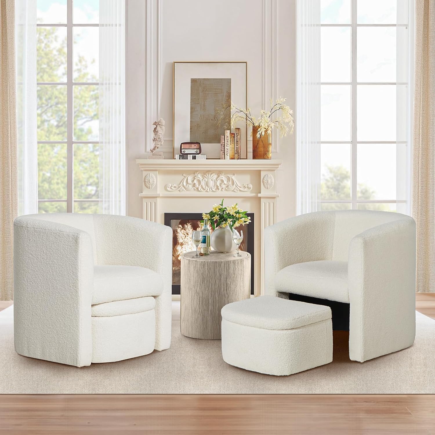 Modern Upholstered Barrel Accent Chair with Storage Ottoman Set of
