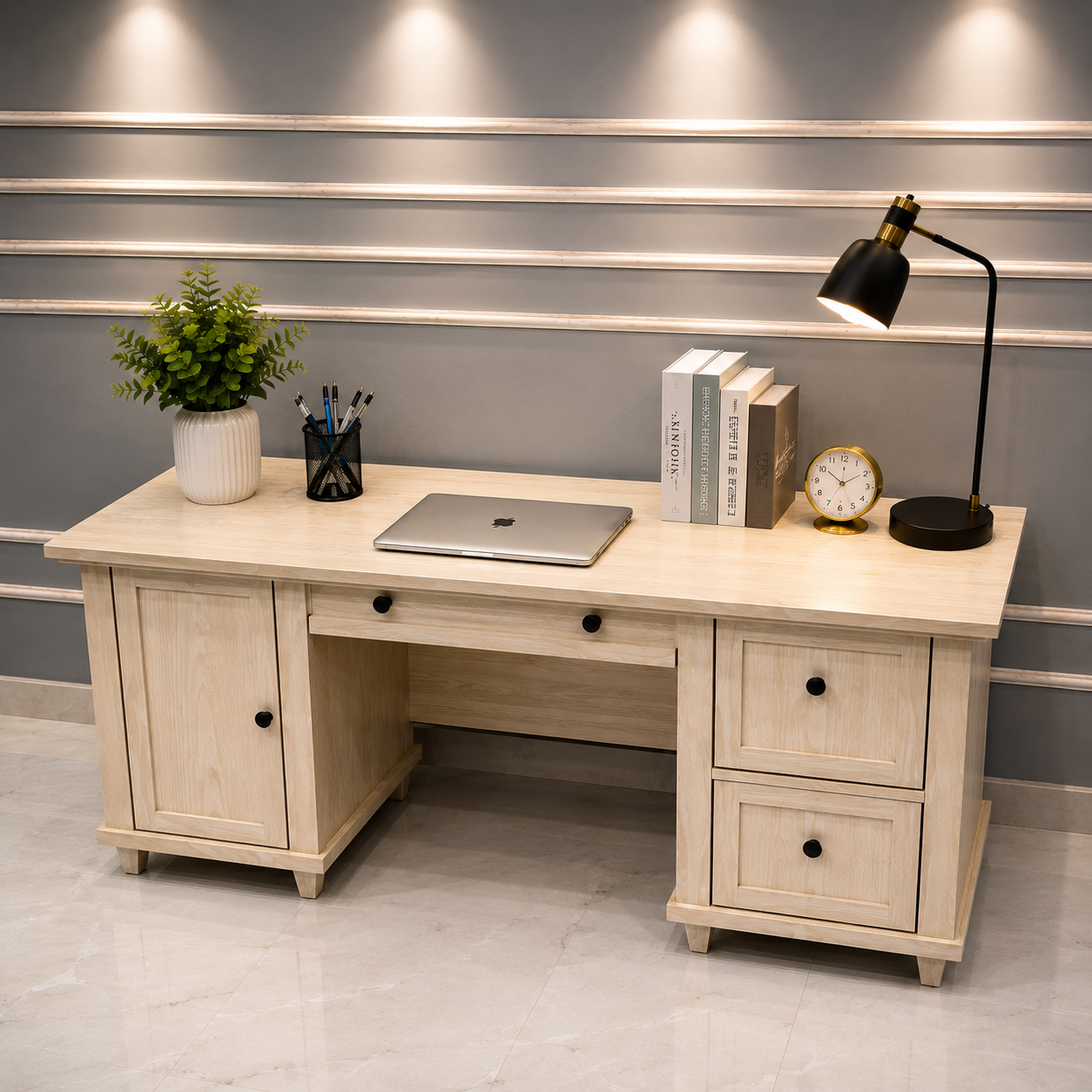 Modern Wooden Office Desk with Storage Cabinet & File Drawers Ouch Cart