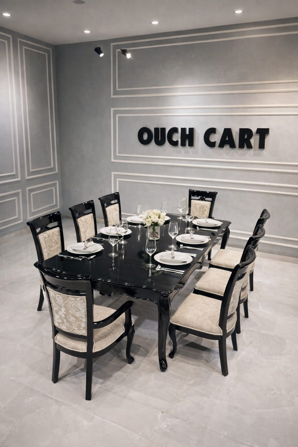 Luxury Black High Gloss 8-Seater Dining Table Set with Upholstered Chairs OUCH CART