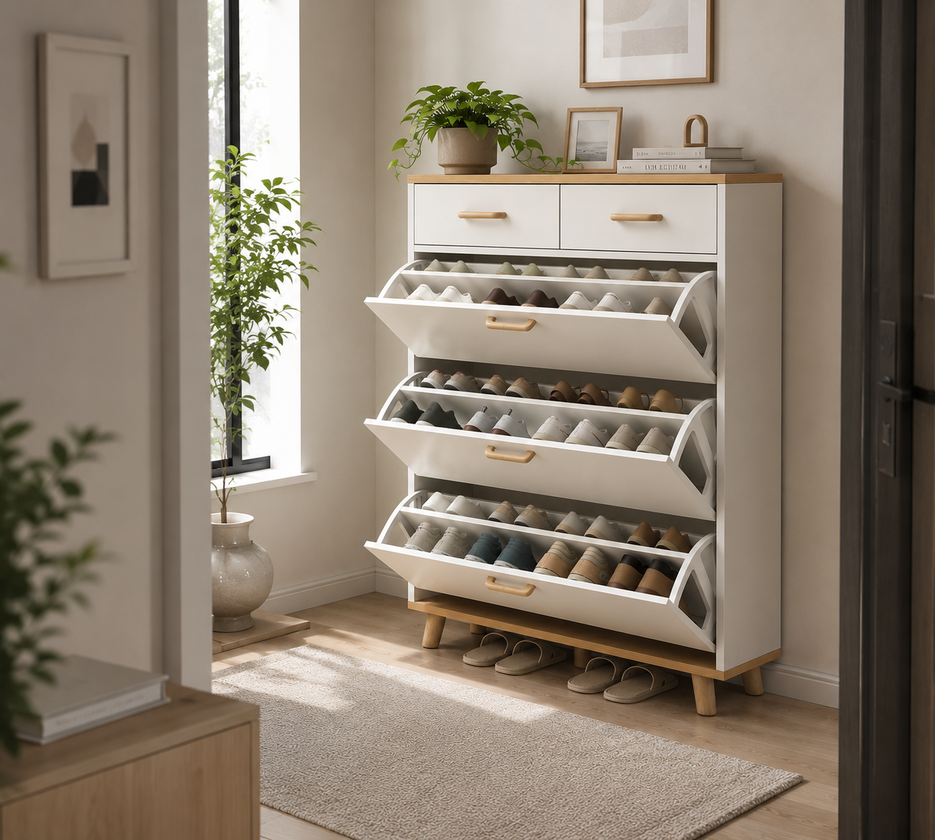 Modern Wooden Shoe Cabinet with Flip Drawers | Space-Saving Entryway Shoe Storage Organizer | Ouch Cart OUCH CART