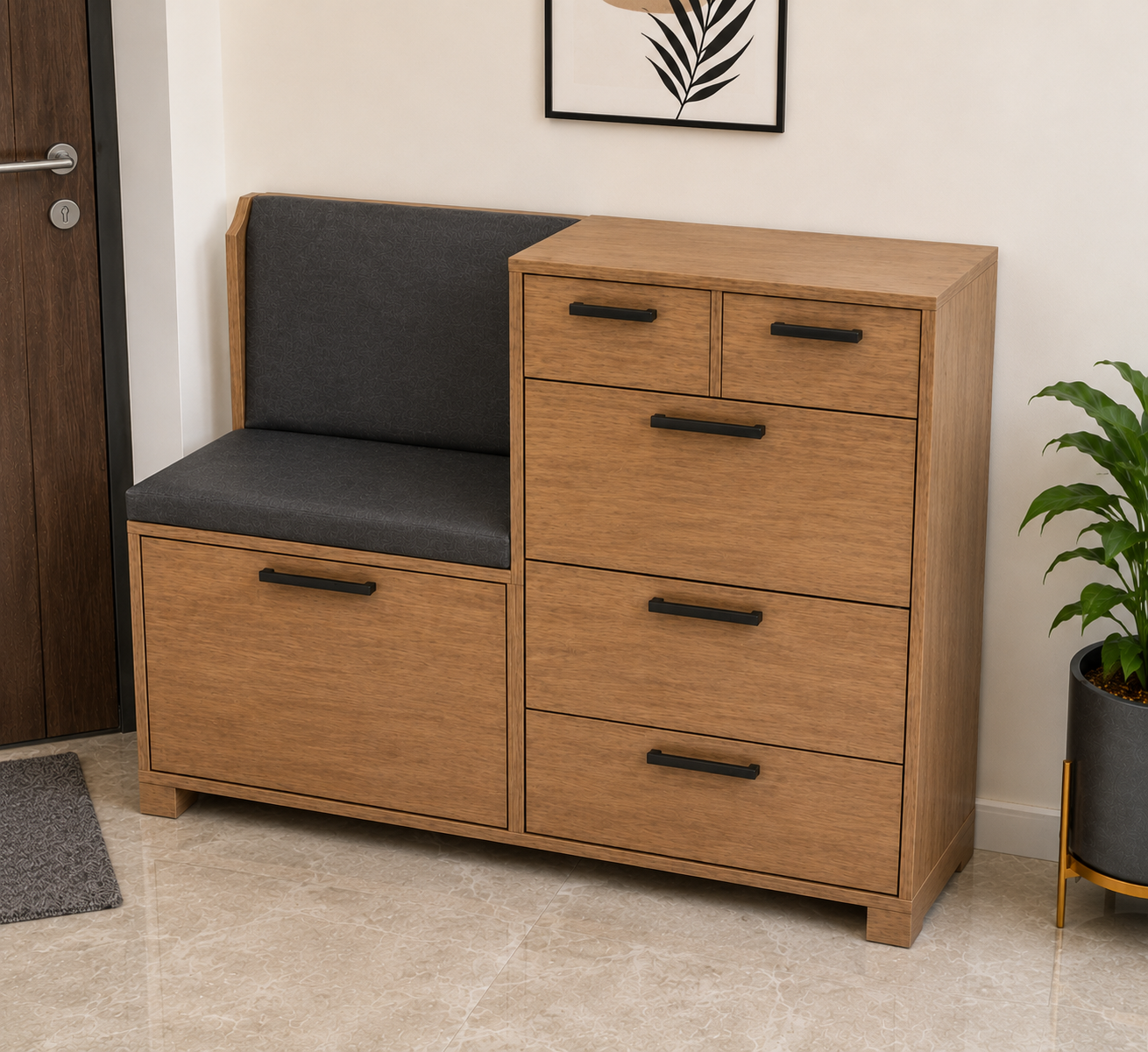 Modern Wooden Shoe Storage Cabinet with Cushioned Bench Seat | Entryway Shoe Organizer with Soft-Close Drawers & Matte Black Handles Ouch Cart