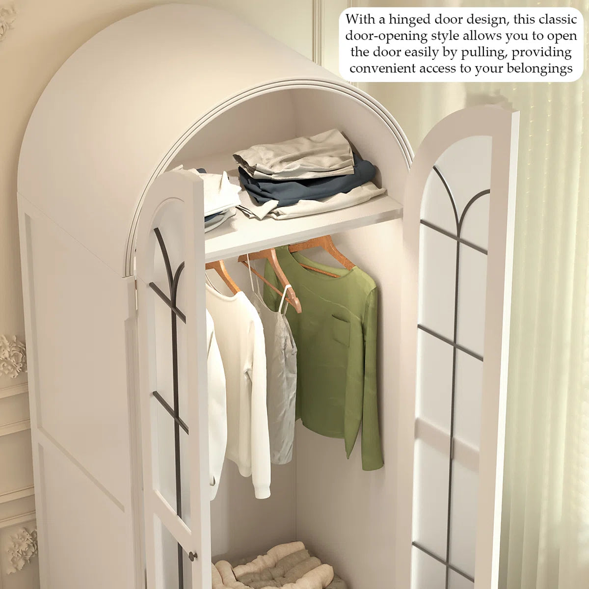 Creamy Retro Oak Arched Wardrobe – Elegant Wooden Bedroom Closet-OUCH CART | Wardrobe