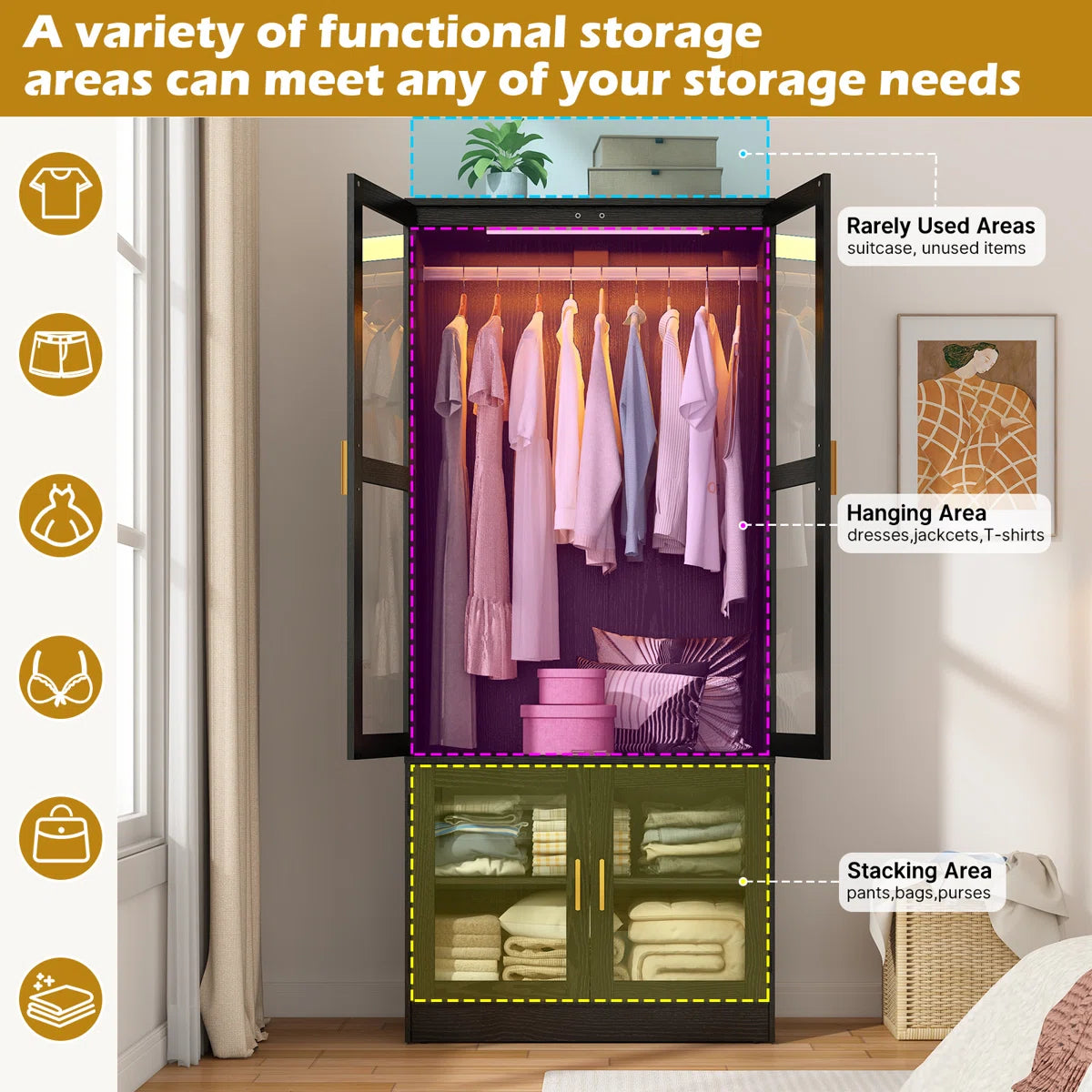 71" H 4-Door Armoire – Modern Wardrobe Closet with LED Sensor Lighting & Rod-OUCH CART | Wardrobe