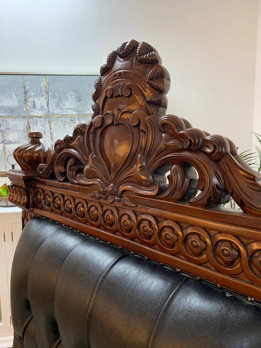 Kristofer 39" Mahogany & Tufted Top Grain Leather Throne Chair Ouch Cart
