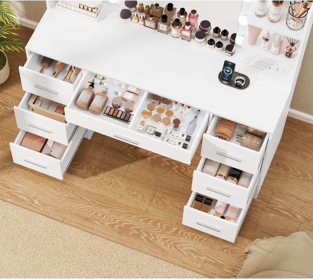 Large Vanity Desk with LED Lighted Mirror & Power Outlet,Makeup Vanity Table with 7 Drawers,4 Shelves and 5 Hooks,Vanity Table, Vanity Desk Set for Bedroom,Bathroom,White OUCH CART