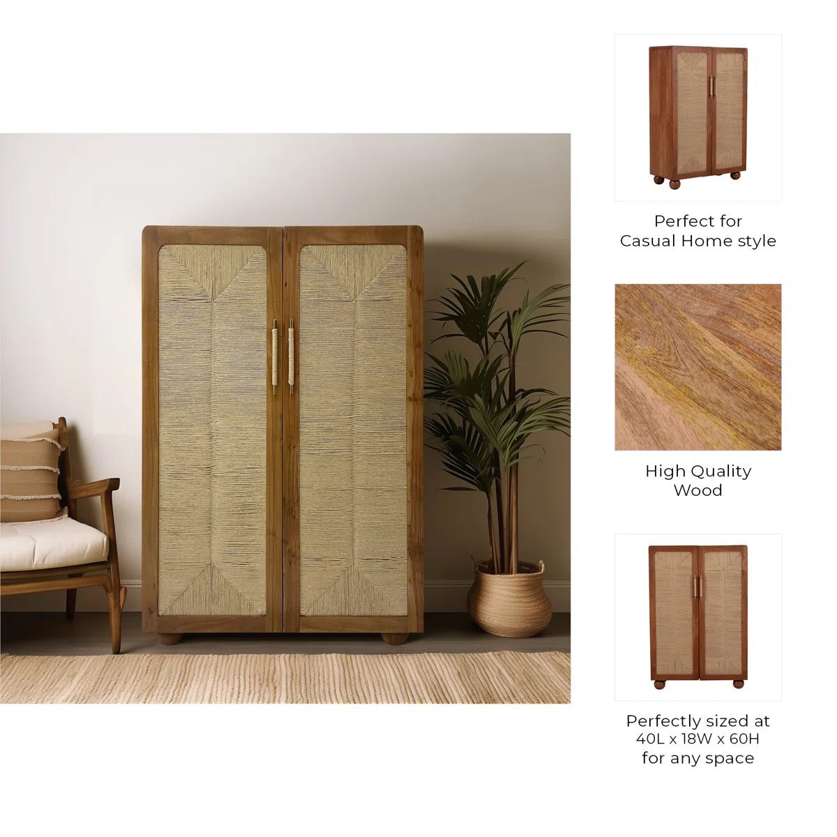 60" Brown Acacia Wood Armoire – Modern Bedroom Wardrobe, Rectangular Design-OUCH CART | Wardrobe