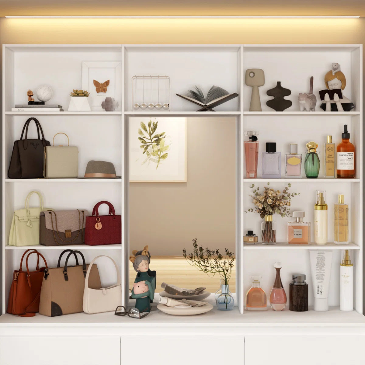 Spacious 9-Drawer 7-Shelf Wardrobe – Wooden Closet with Full-Length Mirror OUCH CART