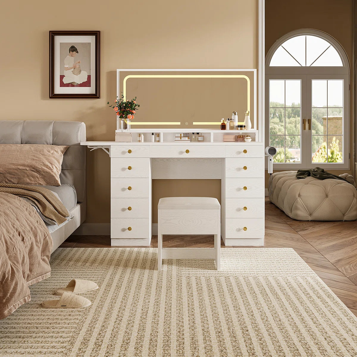 Makeup Vanity Set with Mirror, Power Outlet, 11 Drawers, and Matching Stool OUCH CART