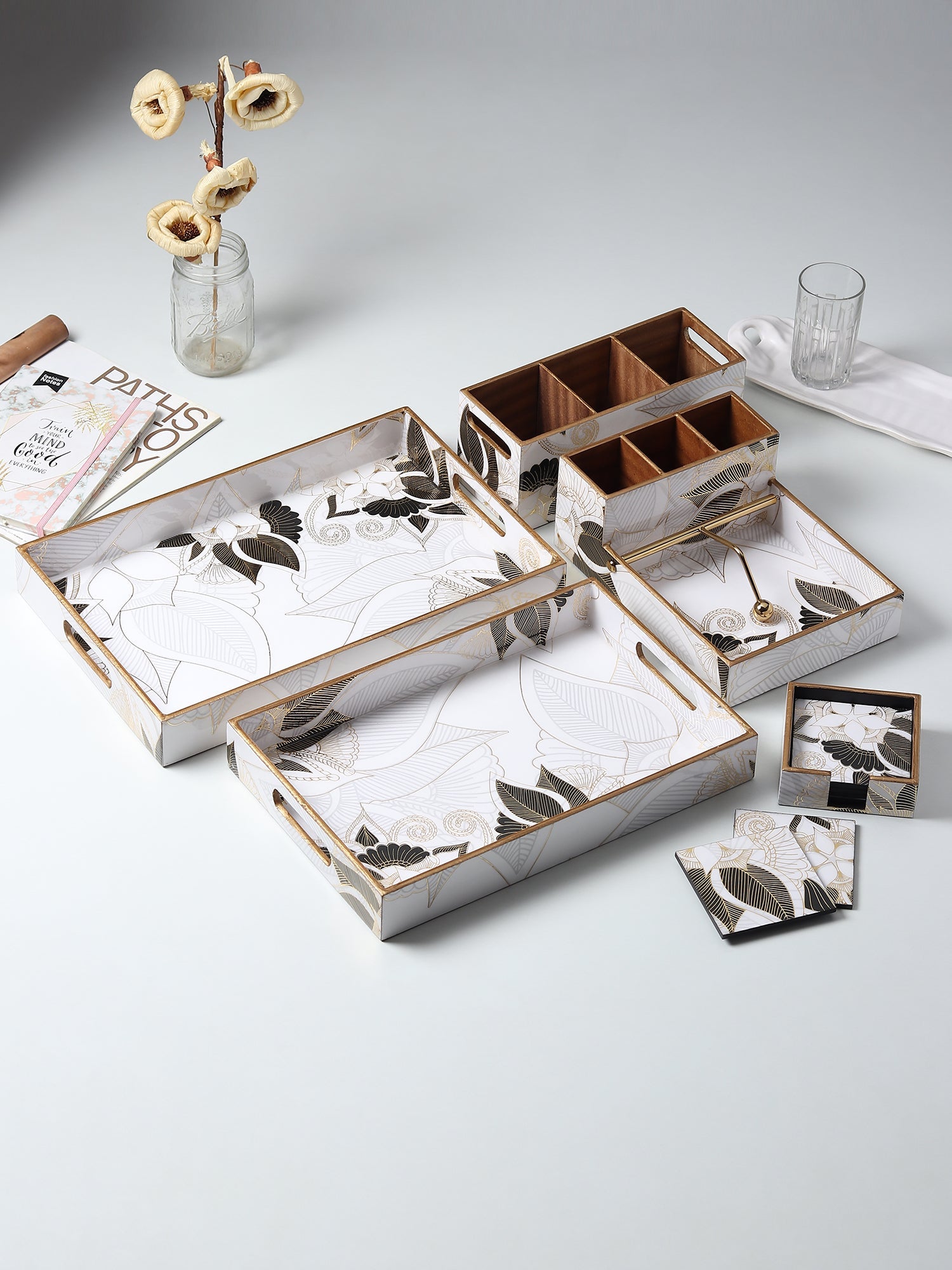 Ivory Noir Bloom Tray Set of 2 M.M.I. OVERSEAS