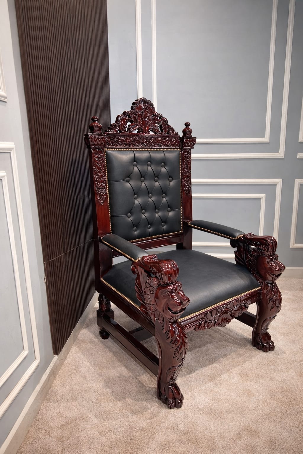 Ouch Cart Royal Carved Wooden Throne Chair – Luxury Tufted Leather Accent Armchair with Lion Head Design
