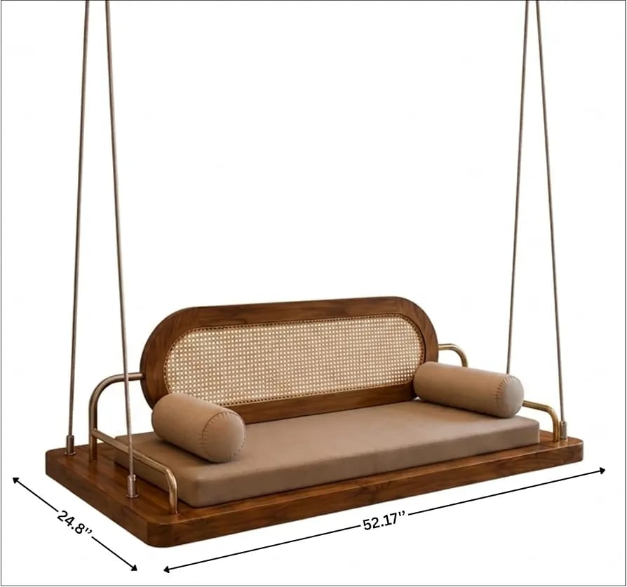 Solid Wood Swing Chair with Cane Backrest | Premium Wooden Jhula for Living Room