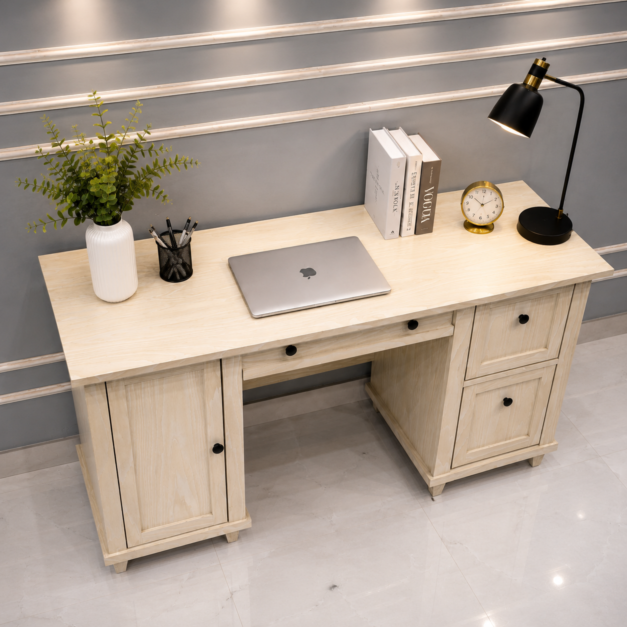 Modern Wooden Office Desk with Storage Cabinet & File Drawers Ouch Cart