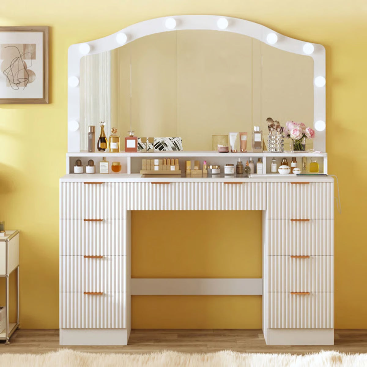 Modern 9-Drawer Makeup Vanity with Lighting and Electrical Outlets
-OUCH CART |Dressing table