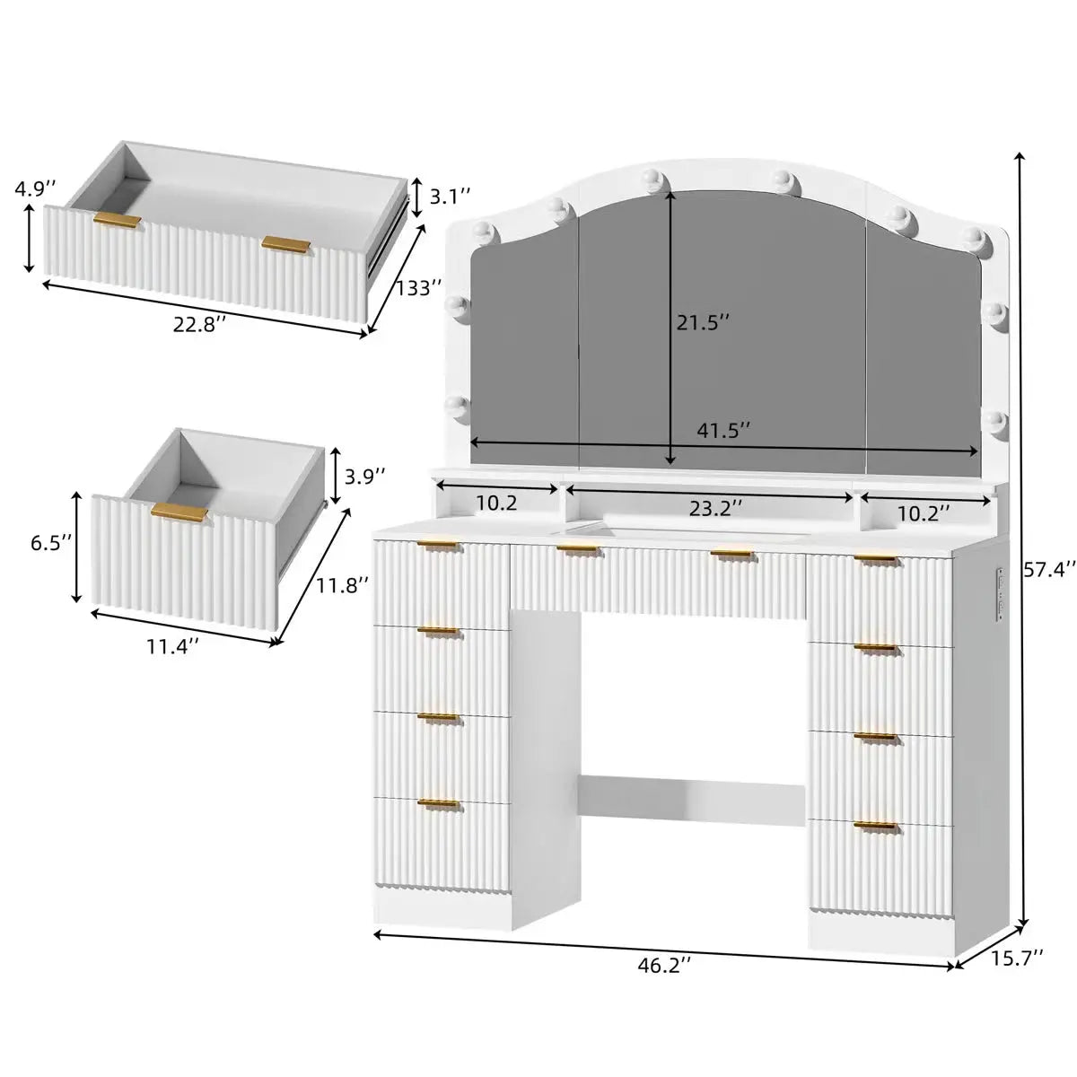 Modern 9-Drawer Makeup Vanity and Electrical Outlets