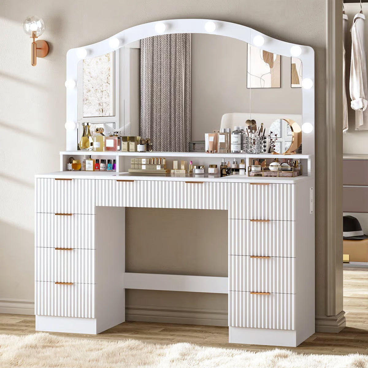 Modern 9-Drawer Makeup Vanity and Electrical Outlets