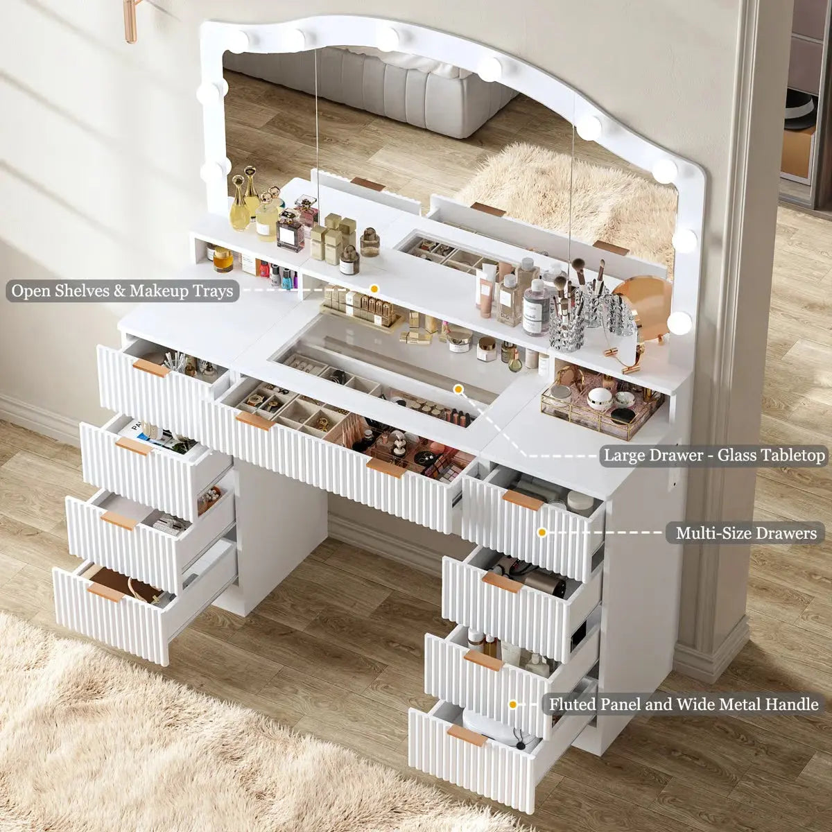 Modern 9-Drawer Makeup Vanity and Electrical Outlets