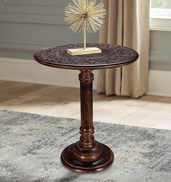 Coffee Table Wooden, Wooden End Table with Single Pillar, Small Table
