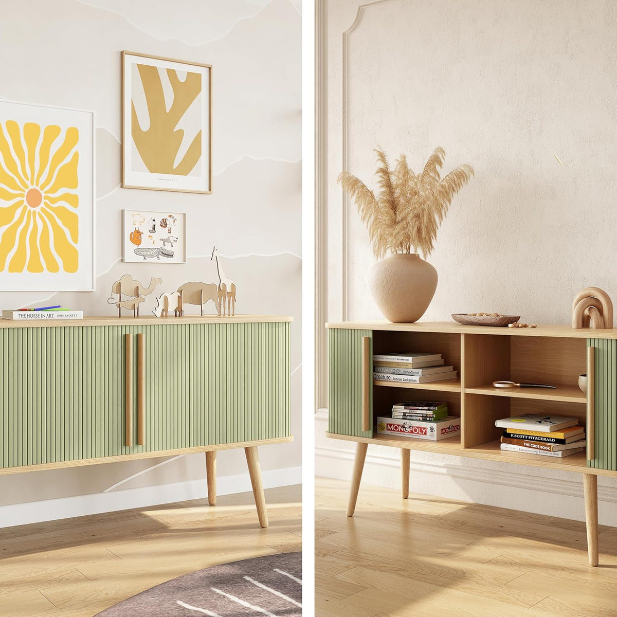 Modern Green Fluted Wooden Sideboard Cabinet with Storage Ouch Cart
